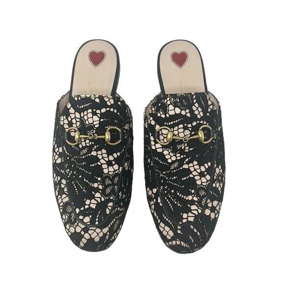 Gucci Princetown Horsebit Mules Leather Lace Overlay Black Tan Size 37 - Picture 1 of 9